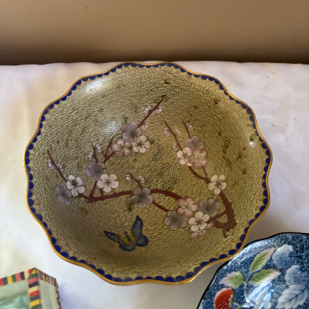 E145 Vintage grouping (7” cloisonne bowl and more)