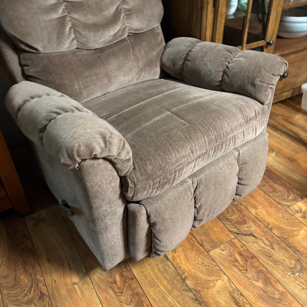 F188 Rocker recliner in beige corduroy fabric (in excellent condition except for a small tear in the corner)
