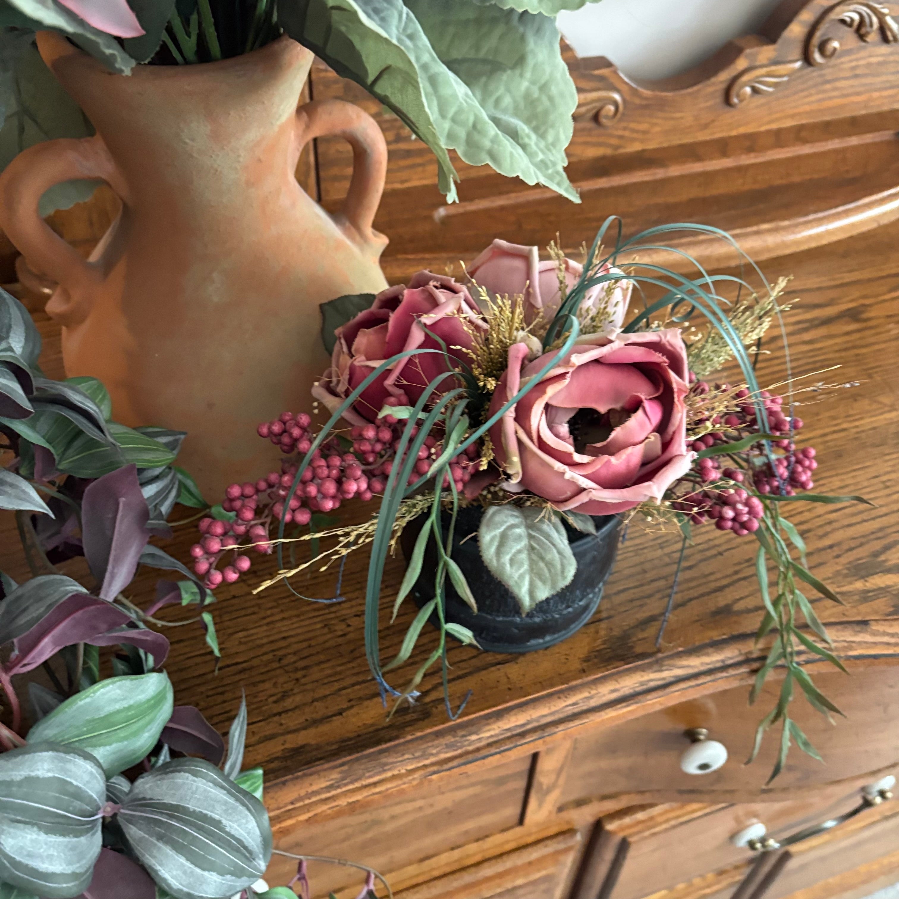 E711 Terracotta pitcher with faux flowers (16" high") and more