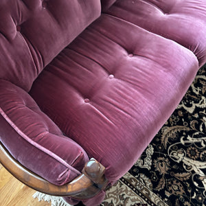 Maroon Velvety Fabric Vintage Sofa with Solid Wood Frame and Rattan Details - T104