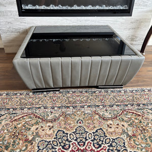 Grey leather clad coffee table with smoked glass top - R506