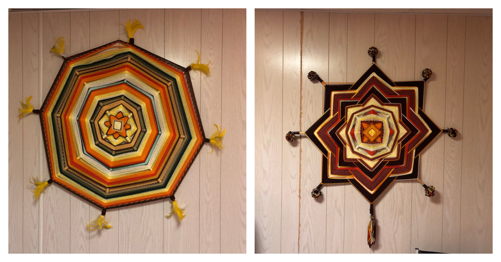 K500 Set of 2 Large Vintage Gods Eye mandala style yarn wall hanging (36" x 40")