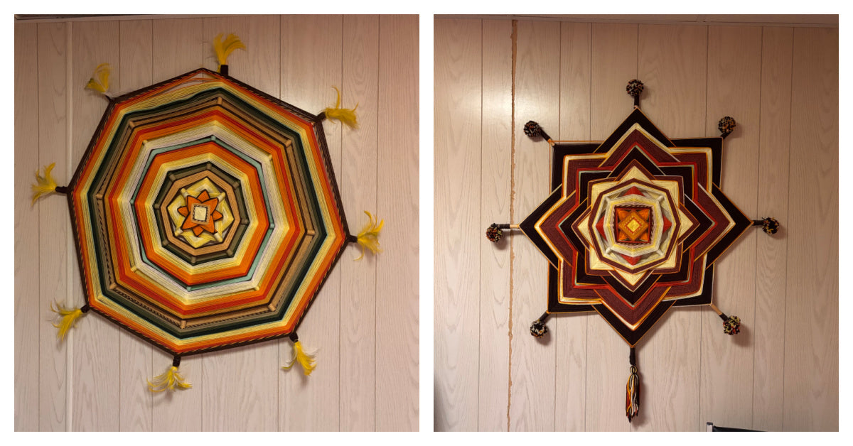 K500 Set of 2 Large Vintage Gods Eye mandala style yarn wall hanging (36" x 40")
