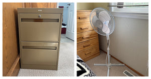 Metal 2 drawer filing cabinet and Floor fan - O499 & O500
