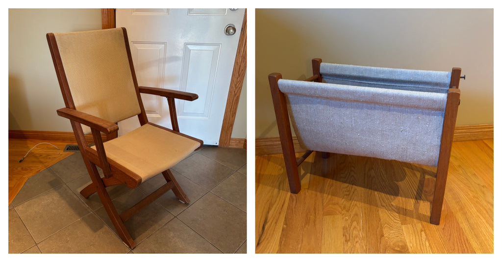 R110 VINTAGE TEAK FRAMED MAGAZINE STAND AND FOLDING CHAIR