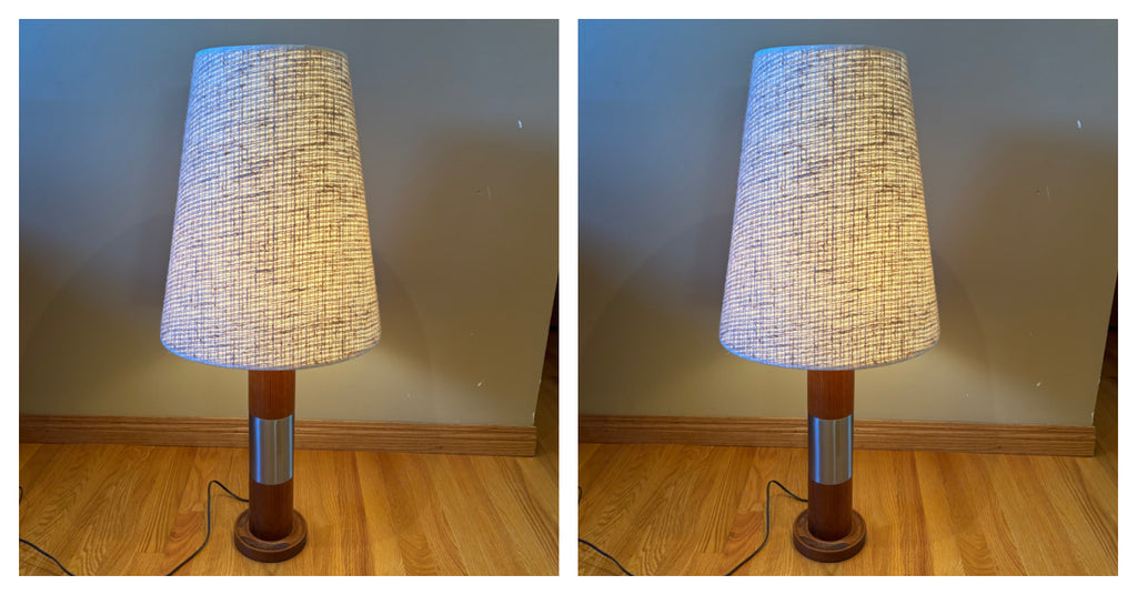 R118 Set of 2 Mid century Teak base table lamps with fabric shades (36" tall)