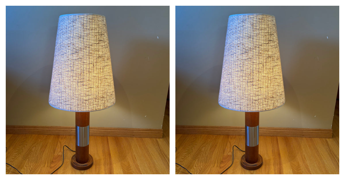 R118 Set of 2 Mid century Teak base table lamps with fabric shades (36" tall)