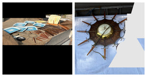 As is MCM Starburst Clock, Clock Pieces, Wooden Shelves and Metal Trays - R399