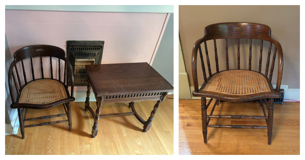 E122 & 331 2 Vintage accent chairs and solid wood accent table